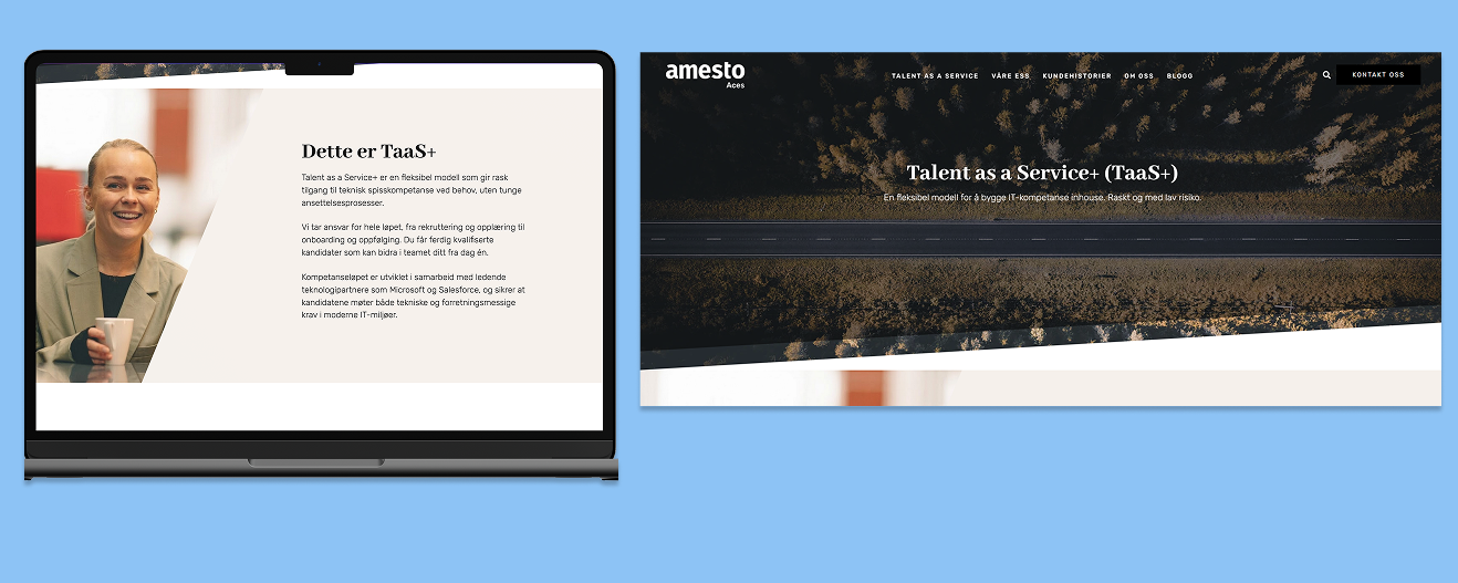 Skjermbilder fra Amesto Aces sine nye nettsider